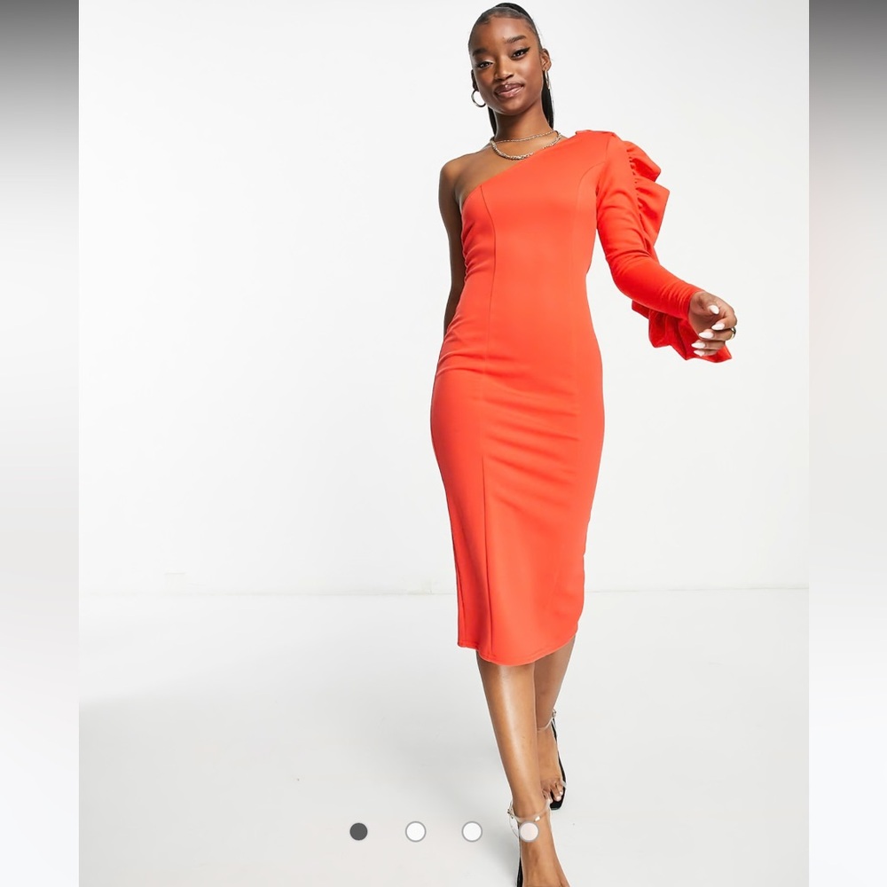 ASOS Hot Red One Shoulder Frill Sleeve Midi Dress Glam Dinner Party Bodycon Sz 6